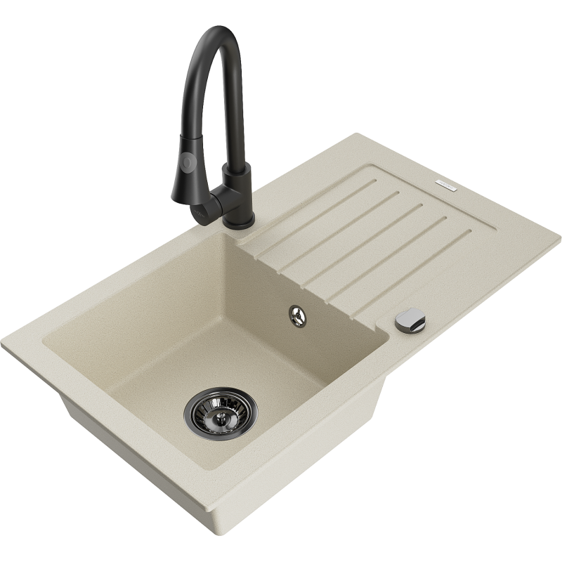 Mexen Pablo fregadero de granito de 1 cámara con escurridor y grifo de cocina Elia, beige - 6510-69-670101-70