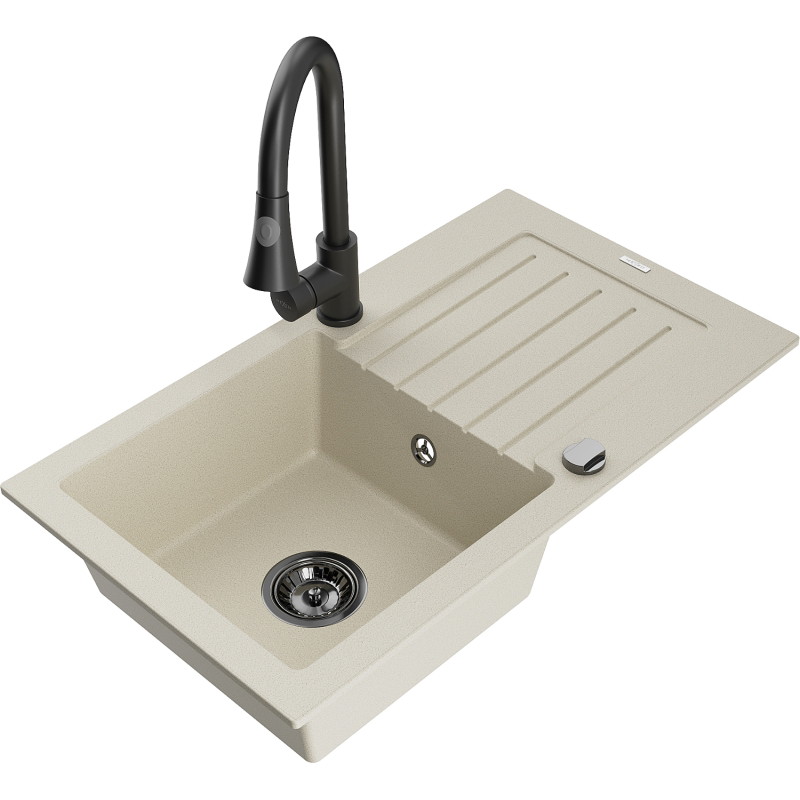 Mexen Pablo granitspüle 1-becken mit abtropffläche und küchenarmatur Elia, beige - 6510-69-670101-70