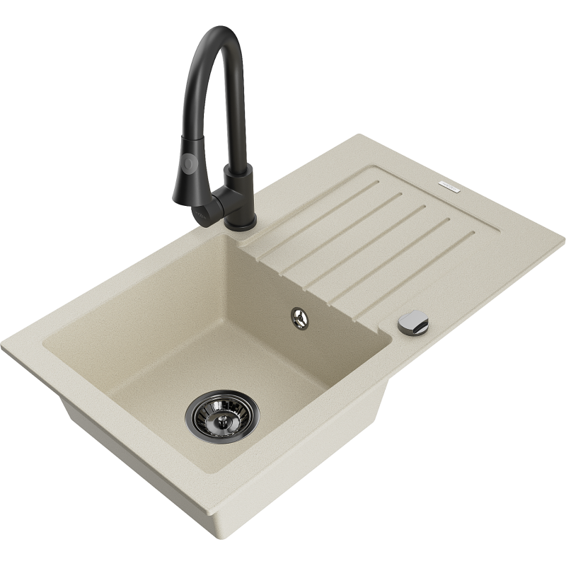 Mexen Pablo lavello in granito a 1 vasca con scolapiatti e rubinetto da cucina Elia, beige - 6510-69-670101-70