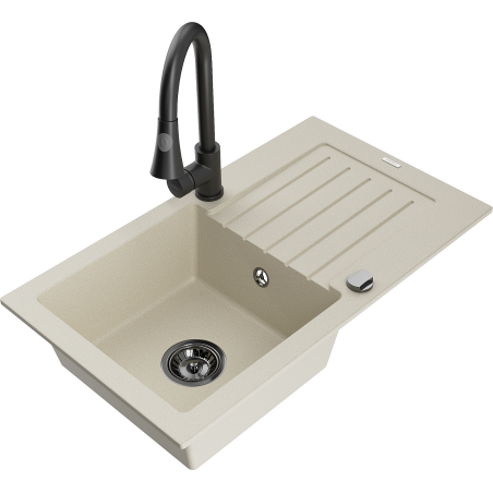 Mexen Pablo lavello in granito a 1 vasca con scolapiatti e rubinetto da cucina Elia, beige - 6510-69-670101-70