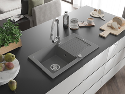 Mexen Pablo Single-Bowl Granite Sink with Drainer and Elia Kitchen Tap, Grey - 6510-71-670101-00