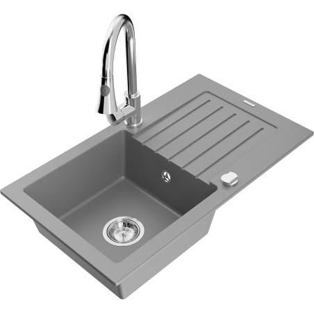 Mexen Pablo fregadero de granito de 1 compartimento con escurridor y grifo de cocina Elia, gris - 6510-71-670101-00
