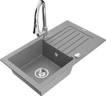 Mexen Pablo Single-Bowl Granite Sink with Drainer and Elia Kitchen Tap, Grey - 6510-71-670101-00