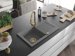 Mexen Pablo granīta izlietne ar vienu nodalījumu, notekreni un virtuves jaucējkrānu Elia, pelēka - 6510-71-670101-50