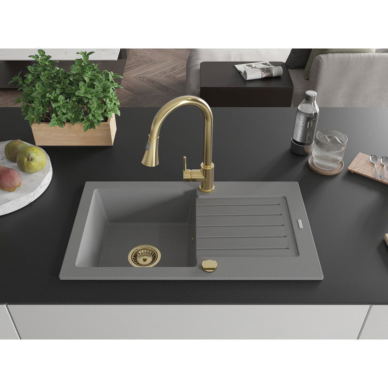 Mexen Pablo 1-bowl granite kitchen sink with drainer and Elia kitchen tap, grey - 6510-71-670101-50
