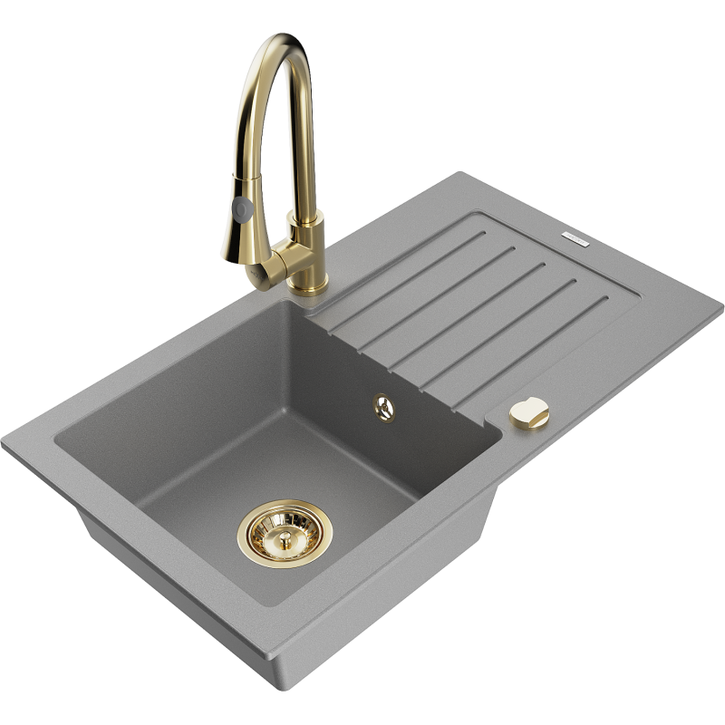 Mexen Pablo fregadero de granito de 1 cubeta con escurridor y grifo de cocina Elia, gris - 6510-71-670101-50