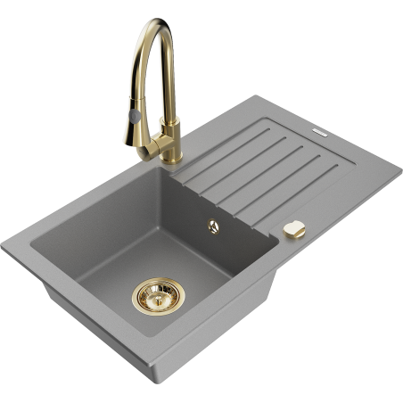 Mexen Pablo fregadero de granito de 1 cubeta con escurridor y grifo de cocina Elia, gris - 6510-71-670101-50
