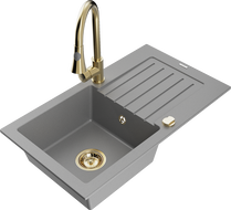 Mexen Pablo 1-bowl granite sink with drainer and kitchen faucet Elia, gray - 6510-71-670101-50