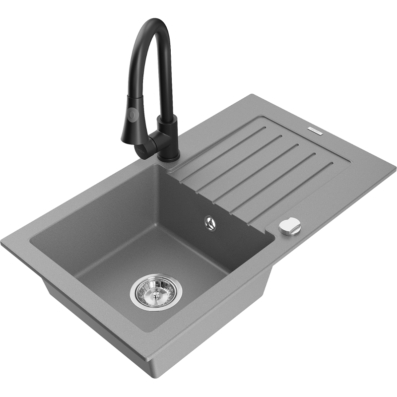 Mexen Pablo fregadero de granito de 1 cubeta con escurridor y grifo de cocina Elia, gris - 6510-71-670101-70