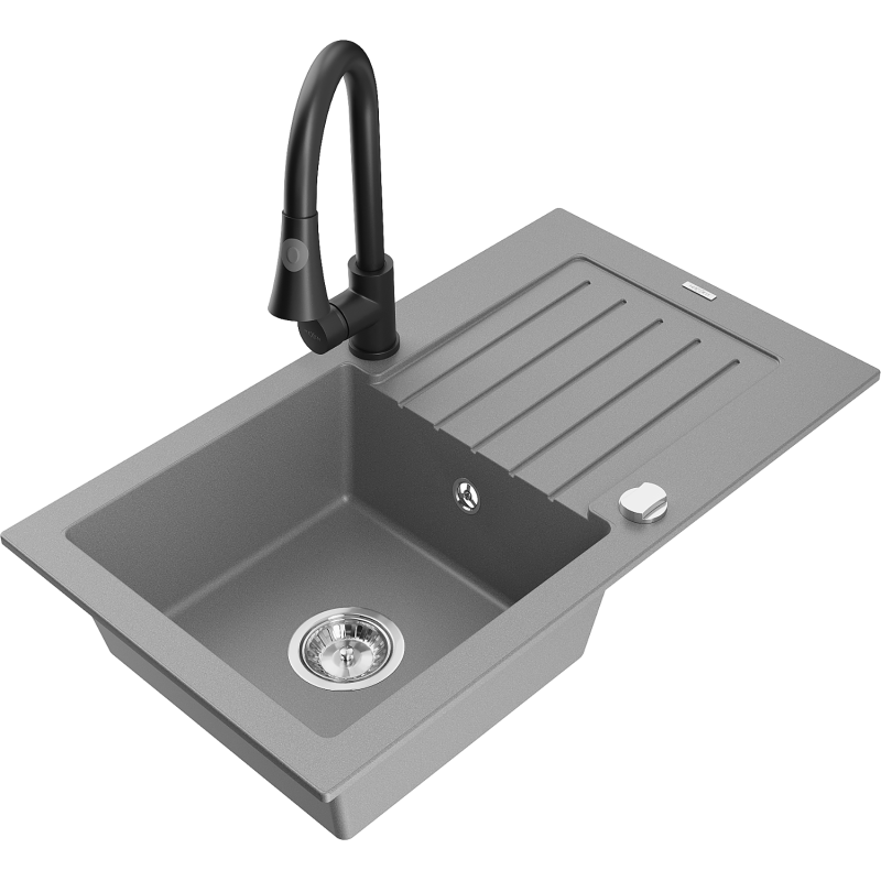 Mexen Pablo granite sink 1-bowl with drainer and Elia kitchen tap, grey - 6510-71-670101-70