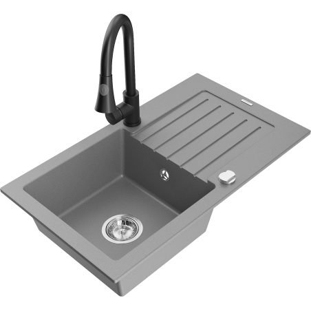 Mexen Pablo granite sink 1-bowl with drainer and Elia kitchen tap, grey - 6510-71-670101-70