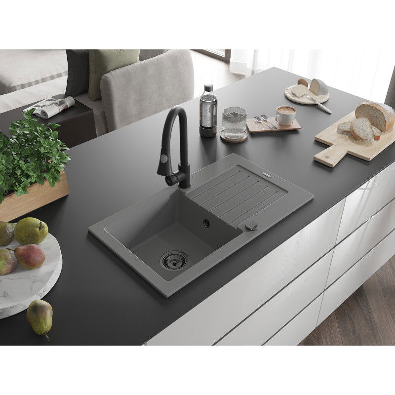 Mexen Pablo lavello in granito a 1 vasca con scolapiatti e rubinetto da cucina Elia, grigio - 6510-71-670101-70-B