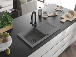 Mexen Pablo 1-bowl granite sink with drainer and Elia kitchen tap, grey - 6510-71-670101-70-B