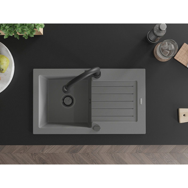 Mexen Pablo granitais izlietne ar vienu nodalījumu, ar noteku un virtuves krānu Elia, pelēka - 6510-71-670101-70-B