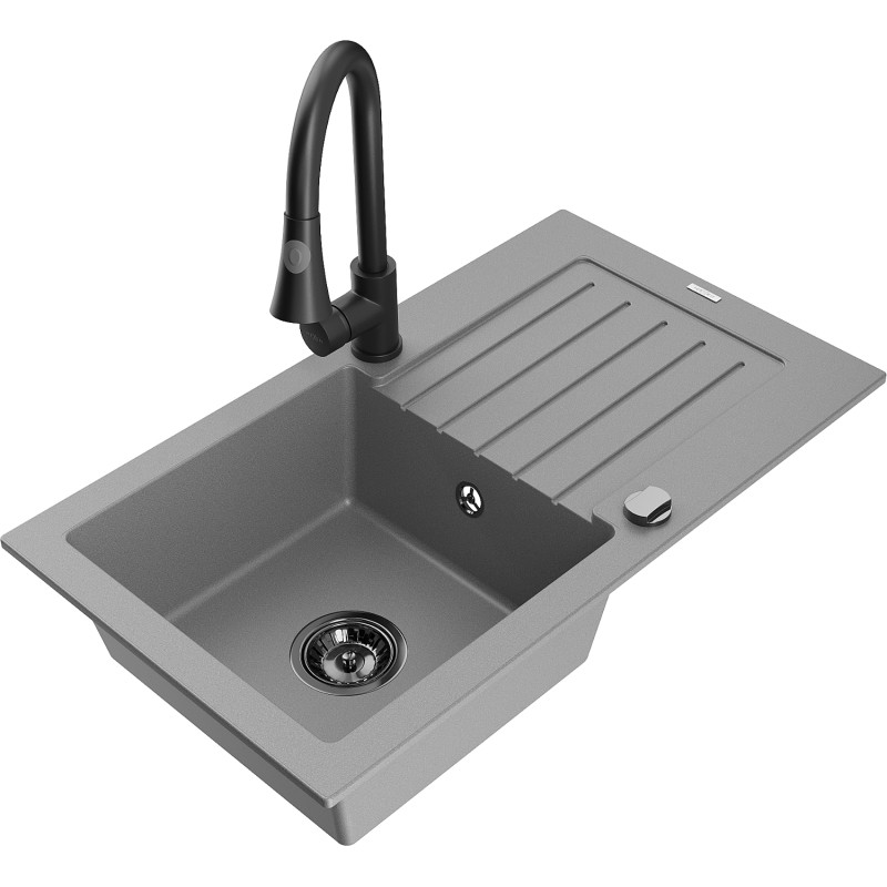 Mexen Pablo fregadero de granito de 1 seno con escurridor y grifo de cocina Elia, gris - 6510-71-670101-70-B