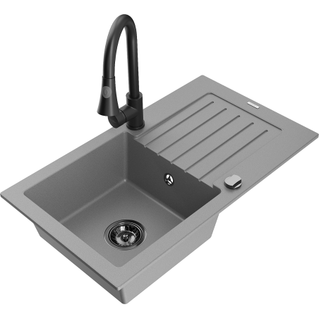 Mexen Pablo évier en granit 1 bac avec égouttoir et robinet de cuisine Elia, gris - 6510-71-670101-70-B