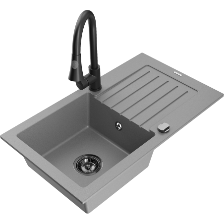 Mexen Pablo Granitspüle 1-Becken mit Abtropffläche und Küchenarmatur Elia, grau - 6510-71-670101-70-B