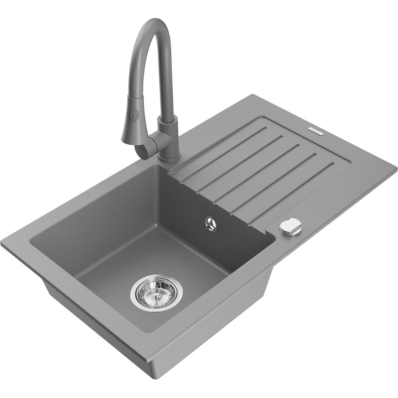 Mexen Pablo fregadero de granito de 1 cubeta con escurridor y grifo de cocina Elia, gris - 6510-71-670101-71