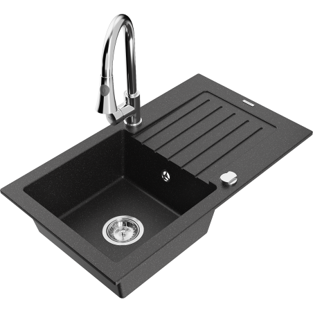 Mexen Pablo Granitspüle 1-beckig mit Abtropffläche und Küchenarmatur Elia, schwarz/silber Metallic - 6510-73-670101-00