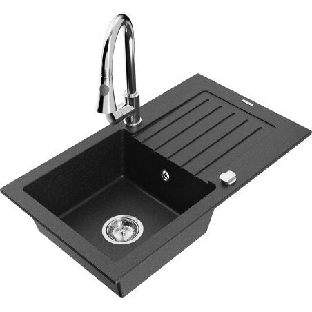 Mexen Pablo single-bowl granite sink with drainer and Elia kitchen tap, black/silver metallic - 6510-73-670101-00