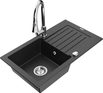 Mexen Pablo single-bowl granite sink with drainer and Elia kitchen tap, black/silver metallic - 6510-73-670101-00