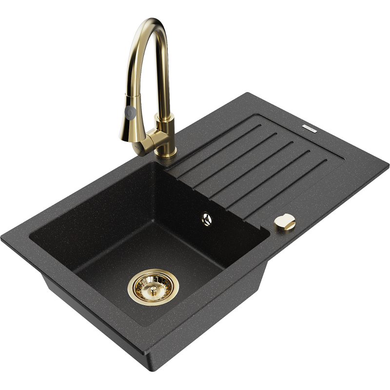 Mexen Pablo 1-allasinen graniittikeittiöallas valutustasolla ja keittiöhanalla Elia, musta/hopea metalli - 6510-73-670101-50