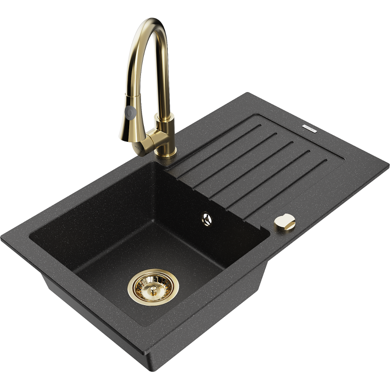 Mexen Pablo fregadero de granito 1 cubeta con escurridor y grifo de cocina Elia, negro/plateado metálico - 6510-73-670101-50