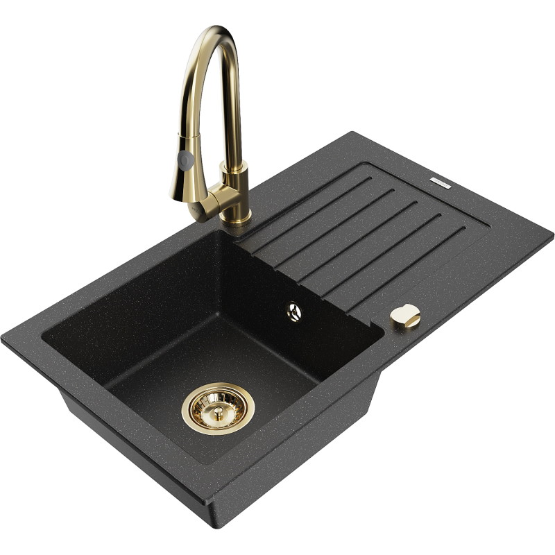 Mexen Pablo granieten spoelbak 1-komor met afdruiprek en keukenkraan Elia, zwart/zilver metallic - 6510-73-670101-50