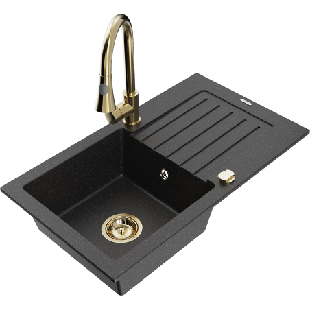 Mexen Pablo Granitspüle 1-fach mit Abtropffläche und Küchenarmatur Elia, schwarz/silber metallic - 6510-73-670101-50