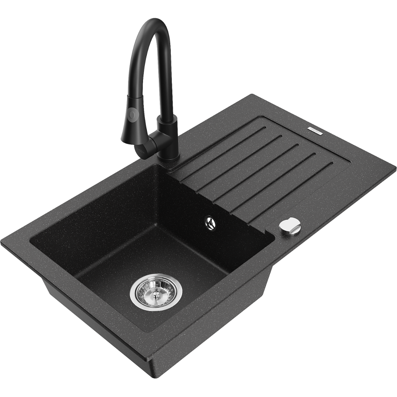 Mexen Pablo granite sink, 1-bowl with drainer and Elia kitchen tap, black/silver metallic - 6510-73-670101-70