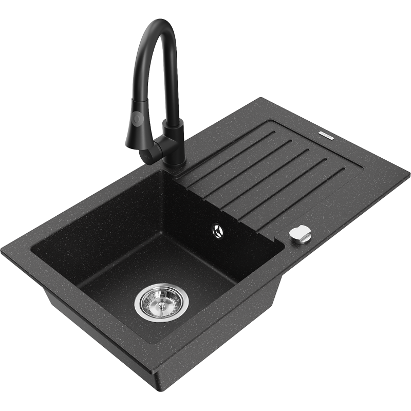 Mexen Pablo Granitspüle 1-becken mit Abtropffläche und Küchenarmatur Elia, schwarz/silber metallic - 6510-73-670101-70