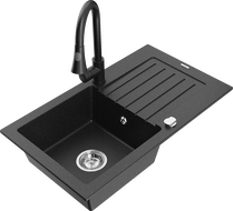 Mexen Pablo granite sink, 1-bowl with drainer and Elia kitchen tap, black/silver metallic - 6510-73-670101-70