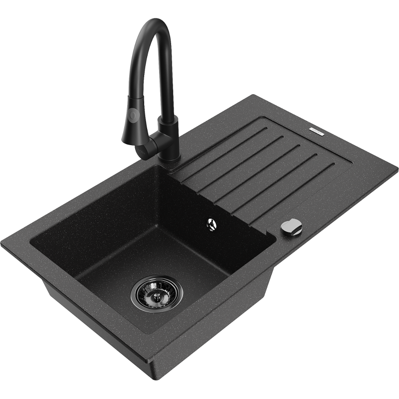 Mexen Pablo Granitspüle 1-beckig mit Abtropffläche und Küchenarmatur Elia, schwarz/silber metallic - 6510-73-670101-70-B
