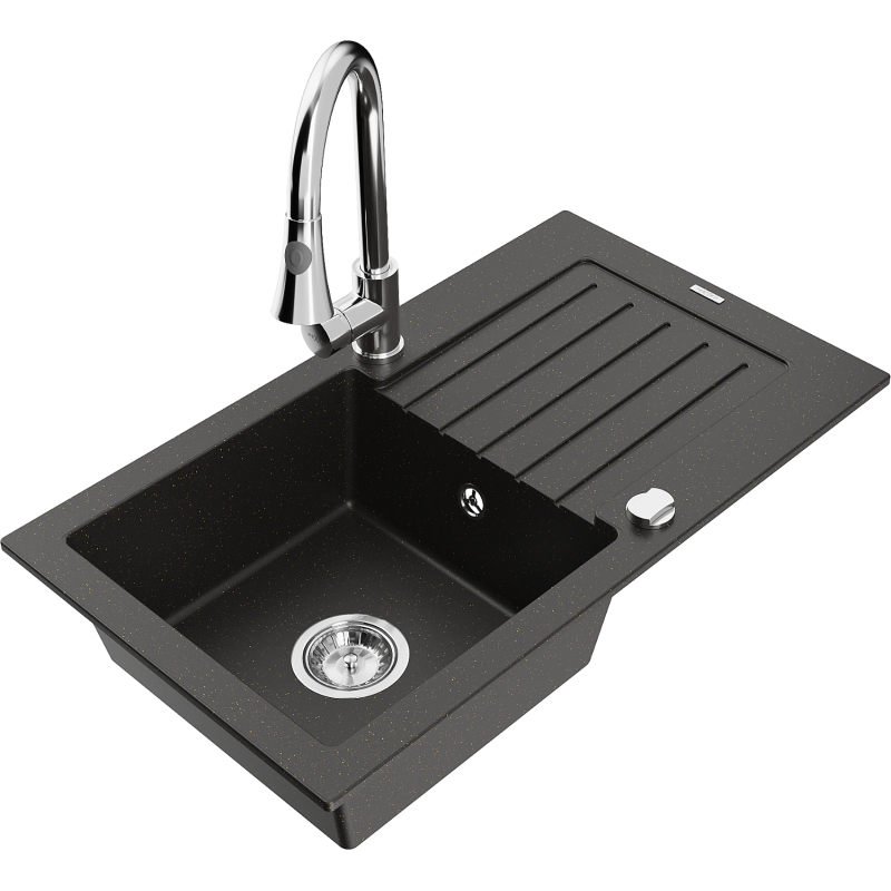 Mexen Pablo lava-louça de granito com 1 cuba e escorredor e torneira de cozinha Elia, preto/dourado metálico