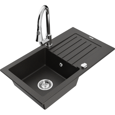 Mexen Pablo granieten gootsteen 1-kompartement met afdruiprek en keukenmengkraan Elia, zwart/goud metallic - 6510-75-670101-00