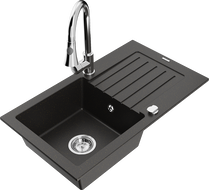 Mexen Pablo granite sink 1-bowl with drainer and Elia kitchen tap, black/gold metallic - 6510-75-670101-00
