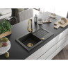 Mexen Pablo lavello da cucina in granito a 1 vasca con scolapiatti e rubinetto Elia, nero/oro metallico - 6510-75-670101-50