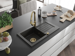 Mexen Pablo Granitspüle 1-Becken mit Abtropffläche und Küchenarmatur Elia, schwarz/gold Metallic - 6510-75-670101-50