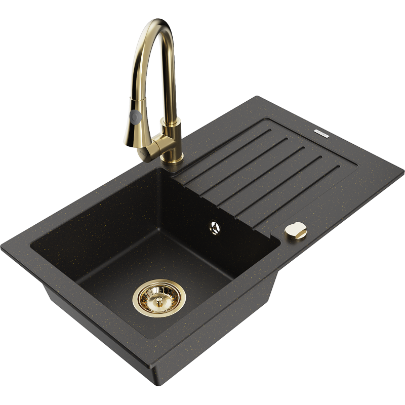 Mexen Pablo fregadero de granito de 1 cubeta con escurridor y grifo de cocina Elia, negro/oro metálico - 6510-75-670101-50