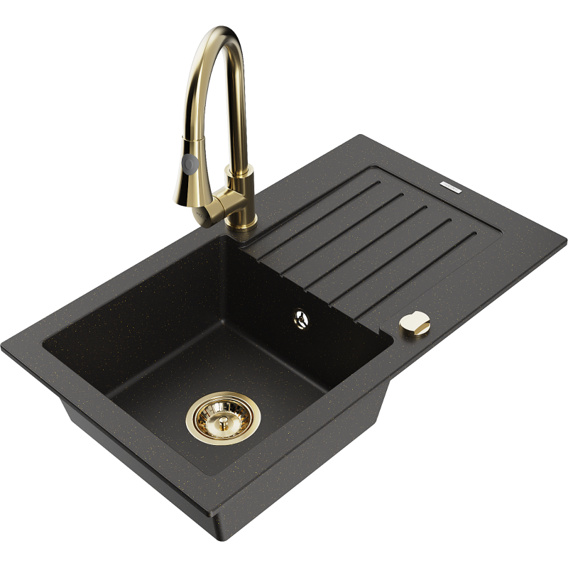 Mexen Pablo granieten spoelbak met 1 bak, afdruiprek en keukenkraan Elia, zwart/goud metallic - 6510-75-670101-50