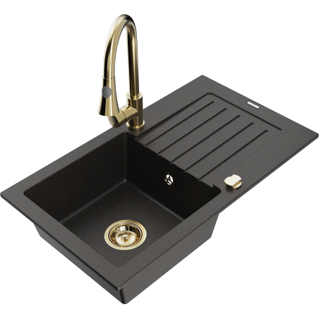 Mexen Pablo fregadero de granito de 1 cubeta con escurridor y grifo de cocina Elia, negro/oro metálico - 6510-75-670101-50
