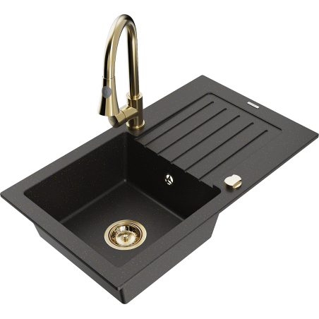 Mexen Pablo granieten spoelbak met 1 bak, afdruiprek en keukenkraan Elia, zwart/goud metallic - 6510-75-670101-50