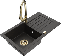 Mexen Pablo Granitspüle 1-Becken mit Abtropffläche und Küchenarmatur Elia, schwarz/gold Metallic - 6510-75-670101-50