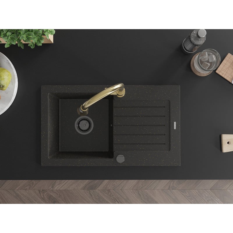 Mexen Pablo Granitspüle 1-Becken mit Abtropffläche und Küchenarmatur Elia, schwarz/gold metallic - 6510-75-670101-50-B