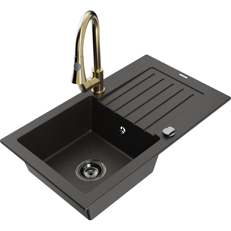 Mexen Pablo fregadero de granito de 1 cubeta con escurridor y grifo de cocina Elia, negro/dorado metálico - 6510-75-670101-50-B