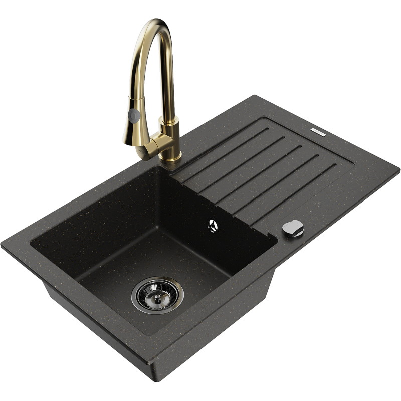Mexen Pablo fregadero de granito de 1 seno con escurridor y grifo de cocina Elia, negro/oro metálico - 6510-75-670101-50-B