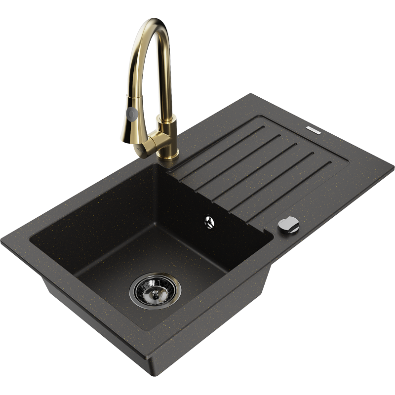 Mexen Pablo granieten spoelbak met 1 kom, afdruiprek en Elia keukenkraan, zwart/gouden metallic - 6510-75-670101-50-B