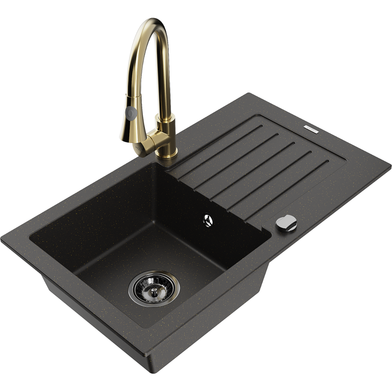 Mexen Pablo single-bowl granite sink with drainer and Elia kitchen tap, black/gold metallic - 6510-75-670101-50-B