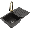 Mexen Pablo single-bowl granite sink with drainer and Elia kitchen tap, black/gold metallic - 6510-75-670101-50-B