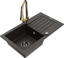 Mexen Pablo Granitspüle 1-Becken mit Abtropffläche und Küchenarmatur Elia, schwarz/gold metallic - 6510-75-670101-50-B